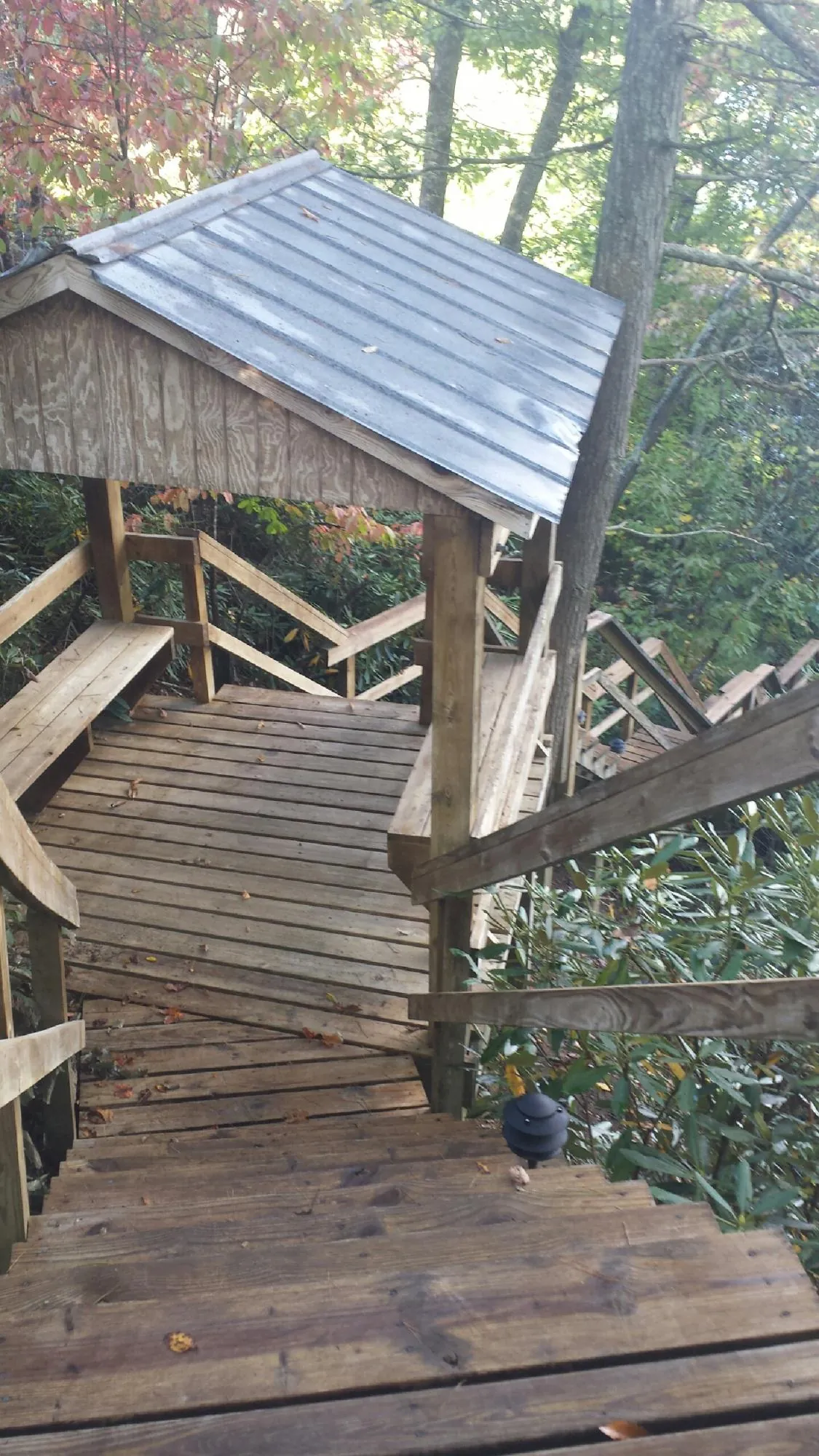 Metal roofed shelter over wooden steps on a wooded walkway — Skylight Repair & Installation work by our crew in Freeburg
